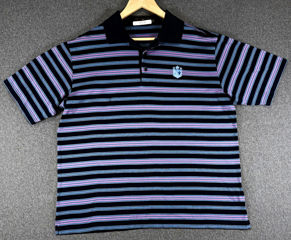 Bugatchi Uomo Polo Shirt Mens Medium Navy Blue Pink Striped Embroidered Crest